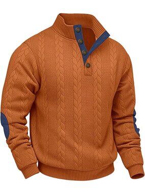 Men's Orange Cable Knit Sweater Quarter Button Pullover Blue Elbow Patches